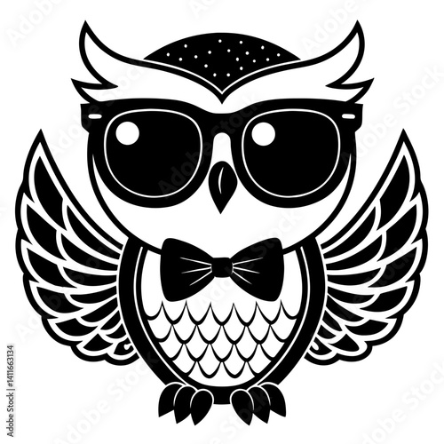 Cool Owl with Sunglasses and Bow Tie Perfect for Tattoo Design and Coloring Book