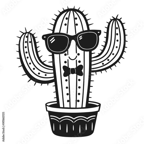Happy Cactus Character with Sunglasses and Bowtie in Decorative Pot for Fun Designs and Crafts