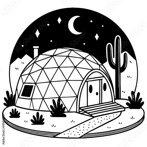Geometric Dome House Under Starry Night with Cactus Landscape for Coloring and Tattoo Design