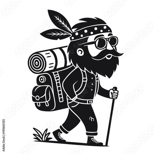 Adventure Ready Bearded Hiker with Backpack and Camping Gear in Retro Style Illustration