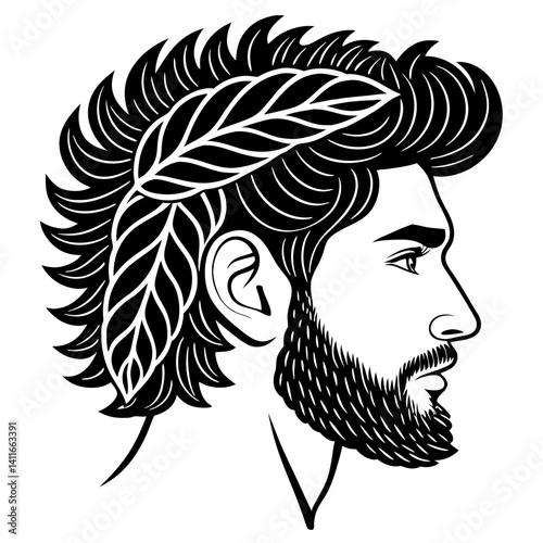 Stylized Male Profile with Leafy Hair Extraordinary Vector Design for Tattoos and Coloring