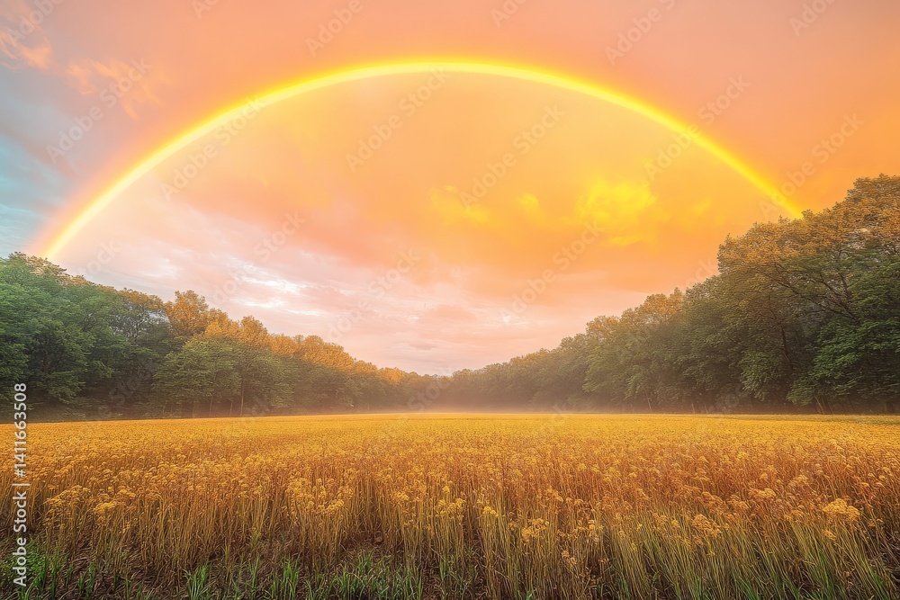 Naklejka premium Panoramic rainbow arching over lush green and yellow fields, showcasing a stunning natural landscape under bright skies.