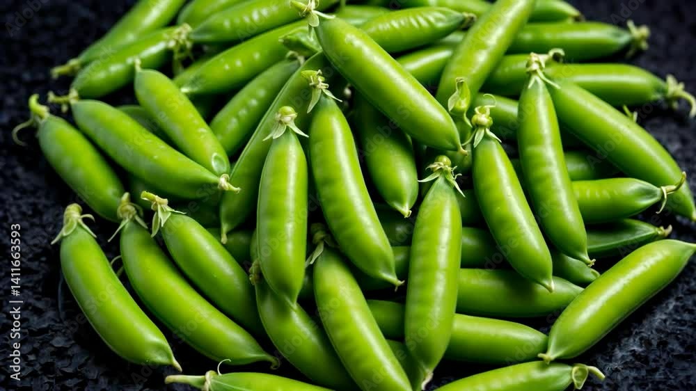 Fresh green peas arranged in a vibrant display at a local farmers market during summer harvest Fresh green peas arranged in a vibrant display at a local farmers market during summer harvest