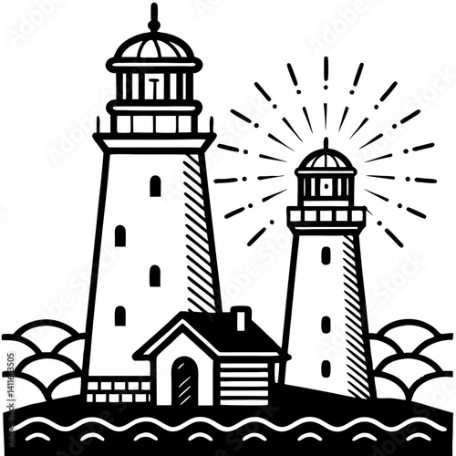 Vintage Lighthouse Illustration with Radiating Light Beside Coastal Landscape Design