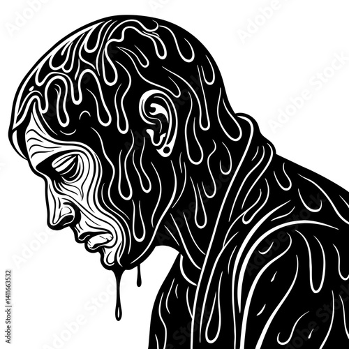 Melancholic Man with Flowing Tears Black and White Vector Art for Tattoo Design and Decor