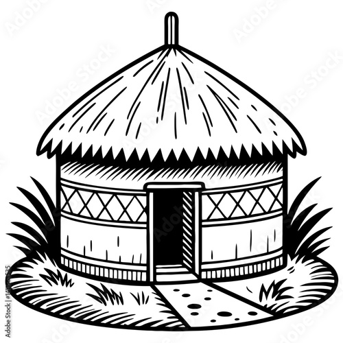 Traditional Thatched Hut with Unique Design Surrounded by Lush Grass and Pathway