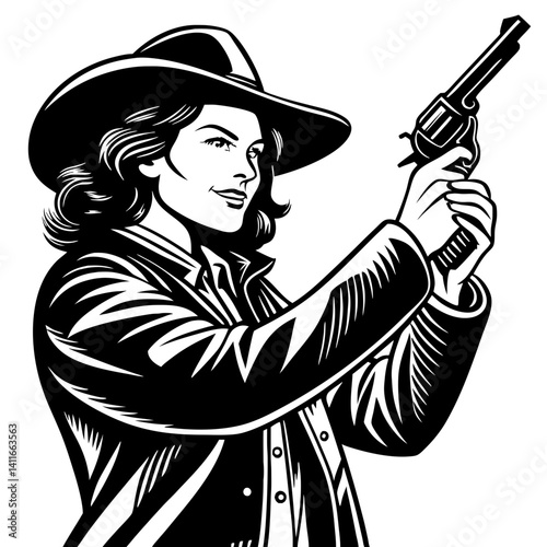 Empowered Cowgirl Holding Revolver in Vintage Illustration Style for Western Themes