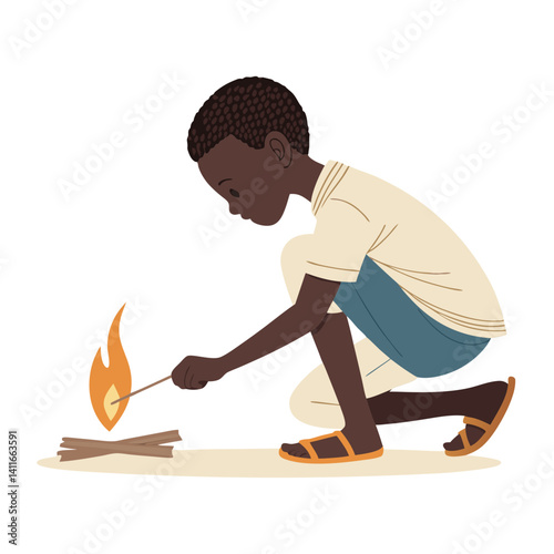 Child Learning Fire Making Skills Outdoor Adventure Illustration