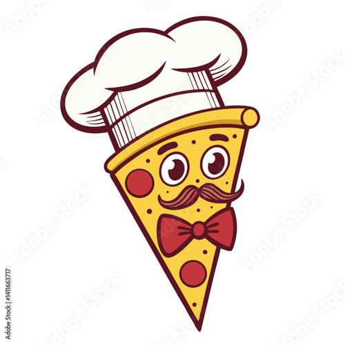 Cheerful Pizza Chef Character with Hat and Bow Tie for Fun Food Illustrations