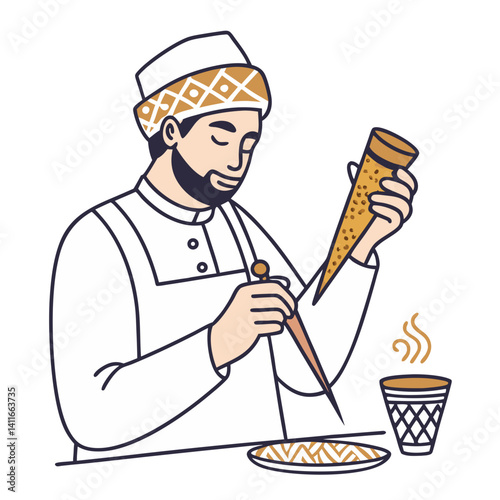 Omani Pastry Chef Expertly Piping Traditional Desserts with Coffee Cup Nearby