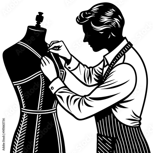 Tailor Adjusting Dress on Mannequin Vintage Style Fashion Illustration
