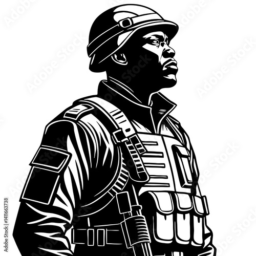 Soldier in Tactical Gear Profile View Strong and Brave Military Illustration for Tattoos and Art