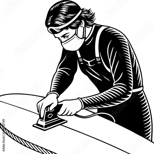 Skilled Craftsman Shaping Surfboard with Electric Sander in Detailed Black and White Illustration