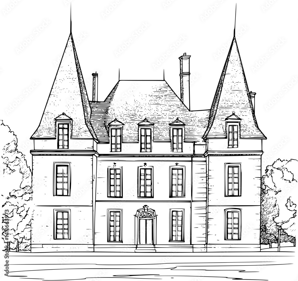 Fototapeta premium Blueprint design of Chateau, Chateau line art illustration art