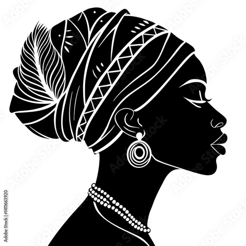 Elegant African Woman Profile Silhouette with Traditional Headwrap Jewelry for Graphic Design