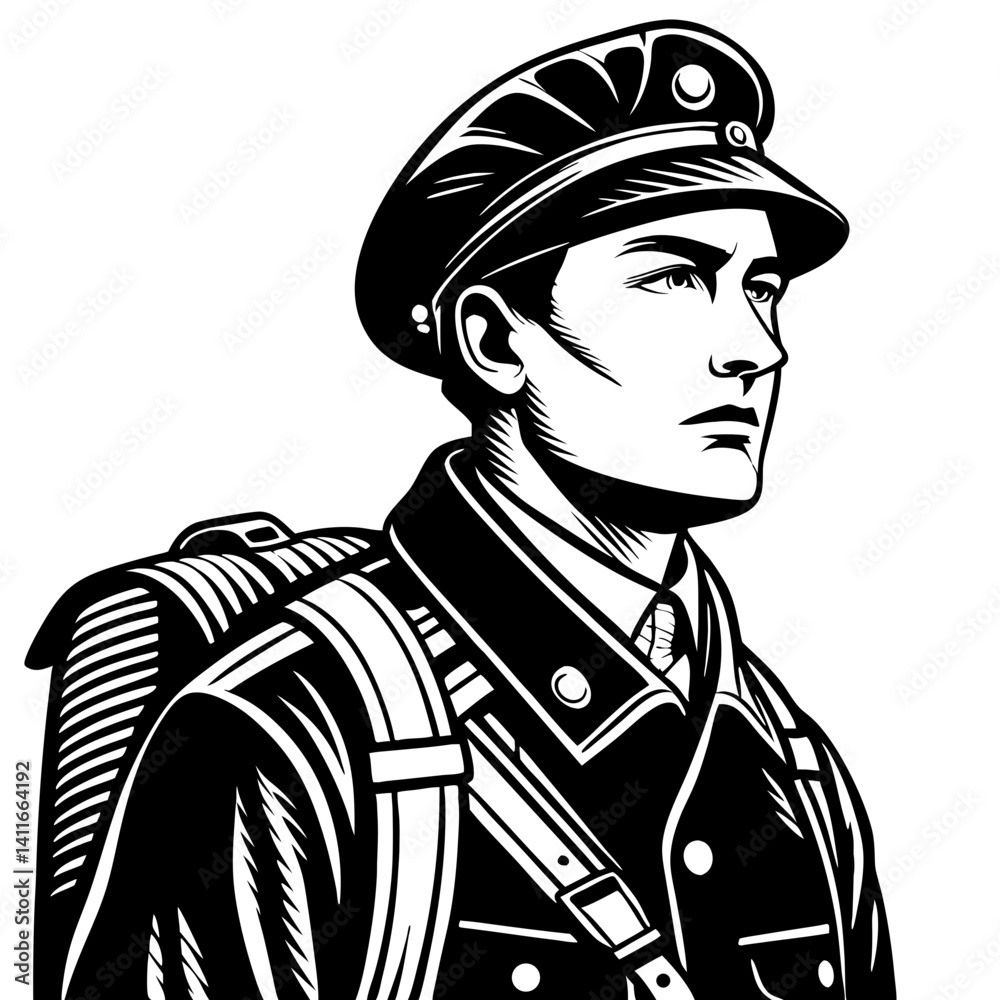 Fototapeta premium Oficer wojskowy, samodzielna grafika wektorowa, poważny wyraz do projektowania tatuaży i gadżetów