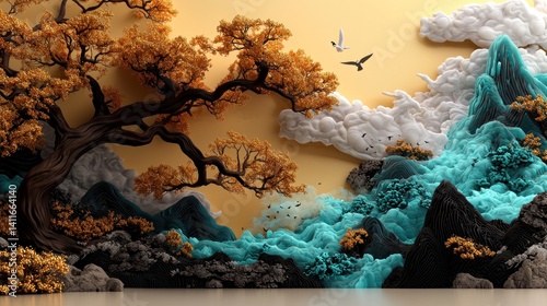 3D Rendered Asian Style Bonsai Tree Landscape with Mountains and Clouds
