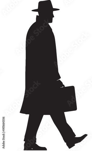 Walking Man Silhouette – Black and White Vector with Fedora and Briefcase