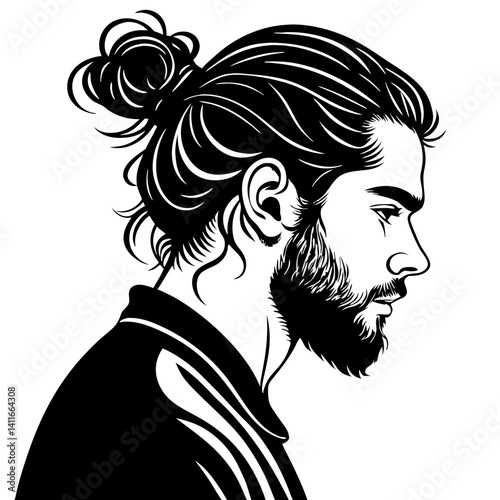 Stylish Male Profile with Long Hair and Beard Vector Art for Tattoo or Design Projects
