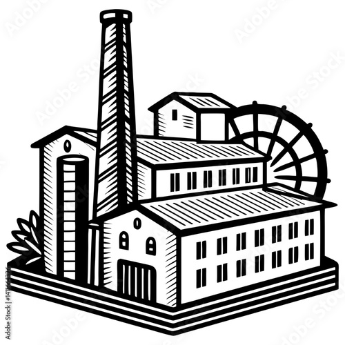 Vintage Industrial Factory Building with Steam Chimney and Water Wheel Illustration