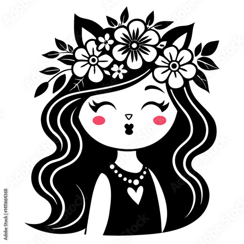 Cute Cat Girl with Floral Crown and Long Hair Perfect for Coloring Book and Tattoo Design