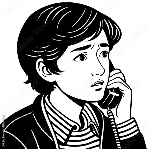 Concerned Young Boy Talking on the Telephone Expressing Emotion in Black and White Illustration