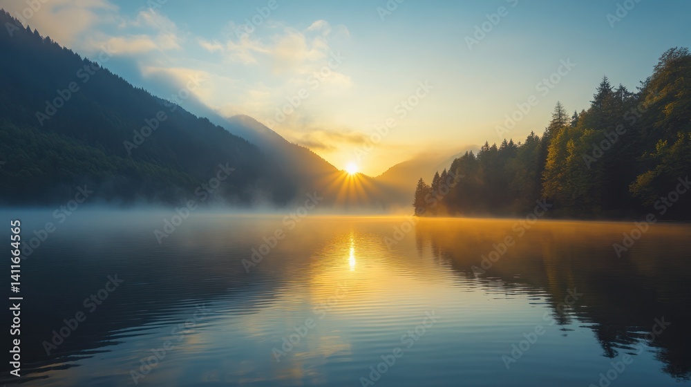 Fototapeta premium Beautiful sunrise illuminating lake waters surrounded by forested mountain slopes
