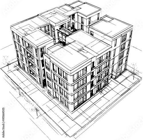 Modular building blueprint line art, Modular building illustration art