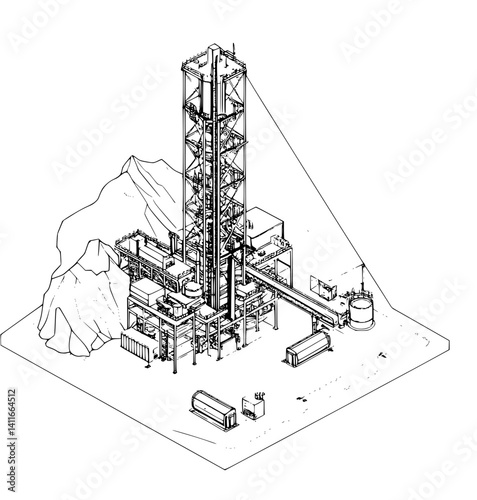 Mining facility blueprint line art, Mining facility illustration art