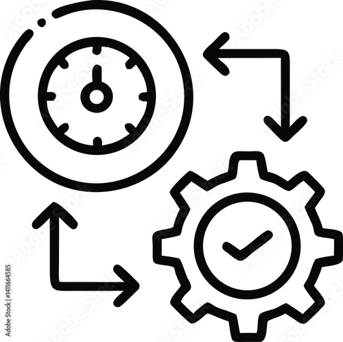 Clock & Gear Connection with Arrows, Line Icon on Transparent Background