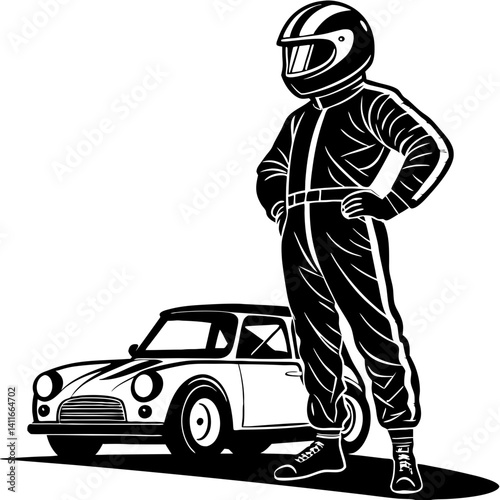 Race Car Driver Stand Pose with Vintage Sports Car Vector Graphic for Automotive Designs