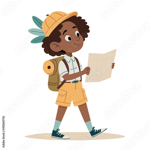 Adventurous Child Explorer Holding Map with Backpack and Summer Outfit in Nature