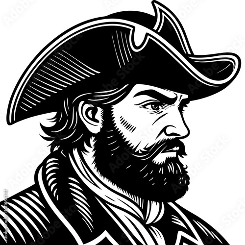 Vintage Pirate Portrait in Black and White for Comic Art and T-Shirt Design