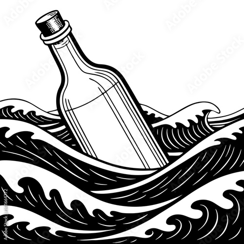 Message in a Bottle Floating on Waves Hand-Drawn Illustration for Beach-Themed Designs