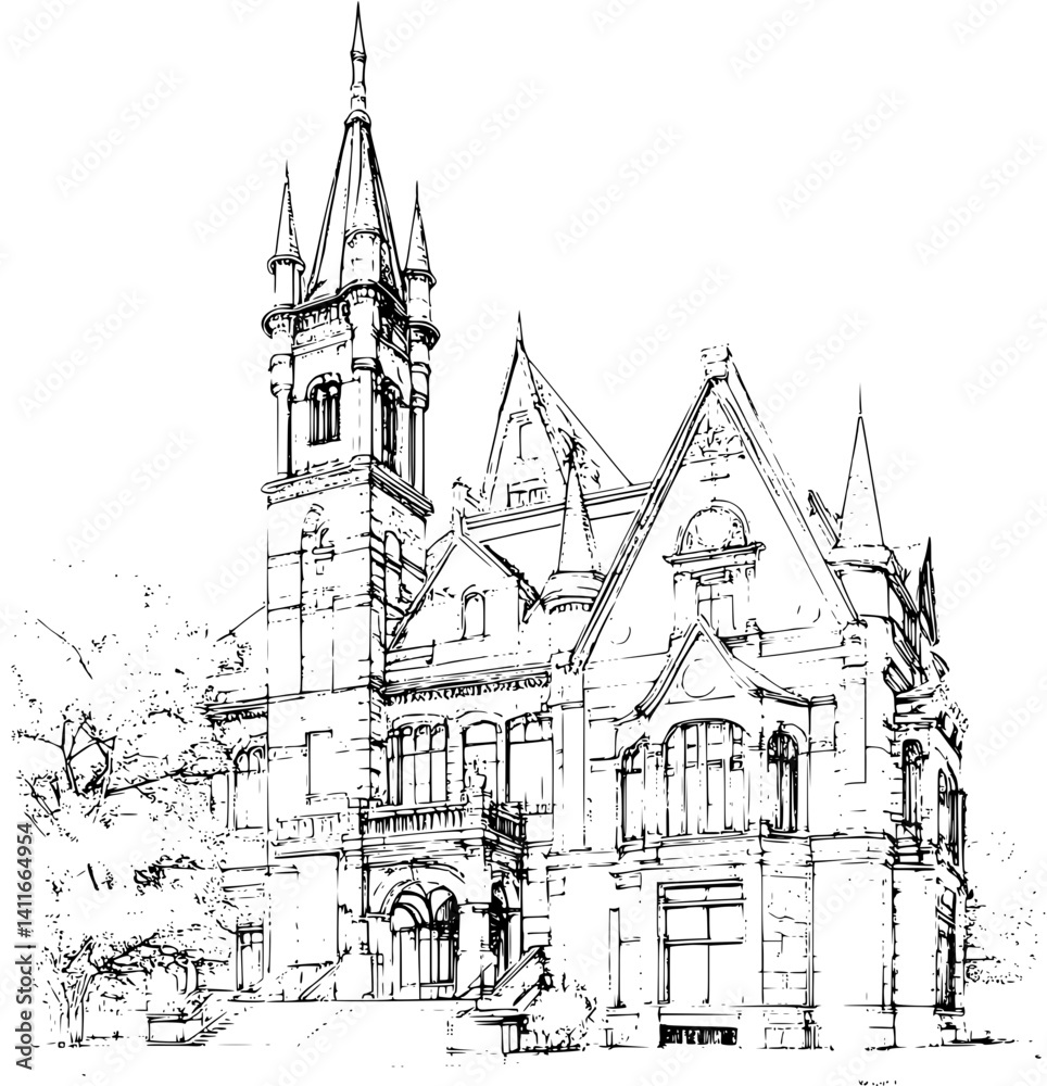 Fototapeta premium Blueprint design of University, University line art illustration art