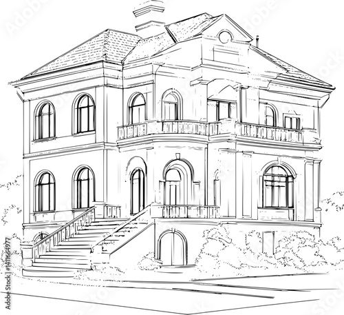 Blueprint design of Villa, Villa line art illustration art