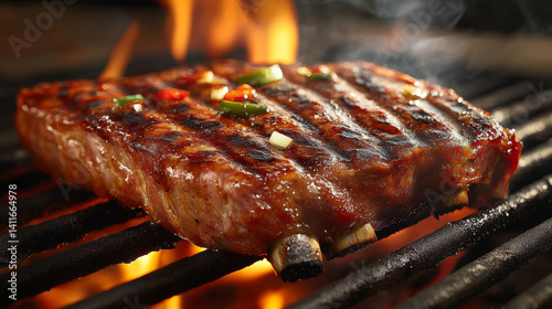 Flaming Bbq Ribs With Hot Smoky Background