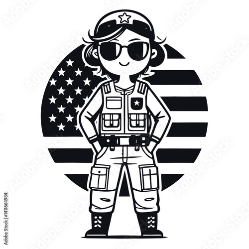 Cool Girl Soldier in Sunglasses with American Flag Background for Graphic Design and Tattoos