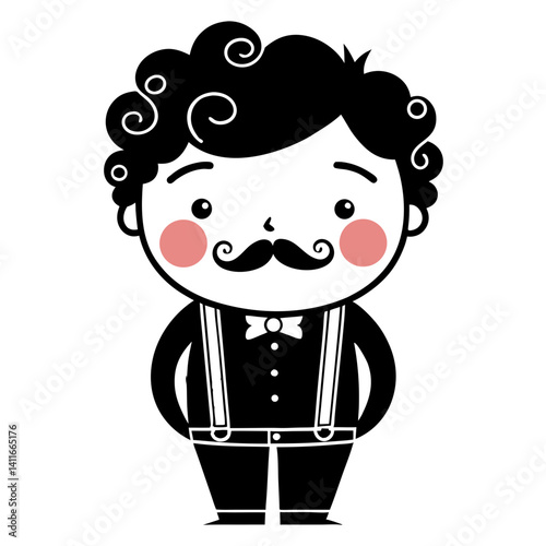 Charming Vintage Style Man with Curly Hair and Mustache in Bow Tie and Suspenders