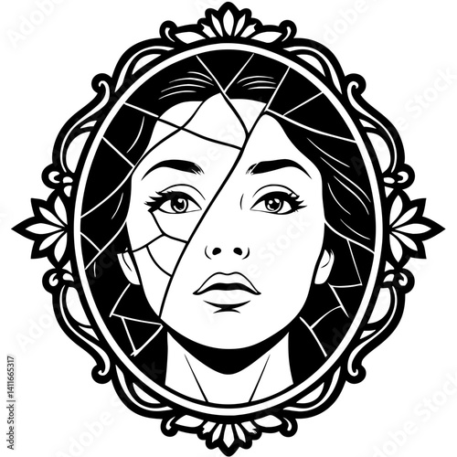 Broken Mirror Portrait of a Woman in Vintage Frame for Tattoo and Coloring Book Design