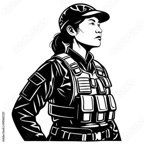 Determined Female Soldier in Tactical Gear Standing Strong Against Adversity