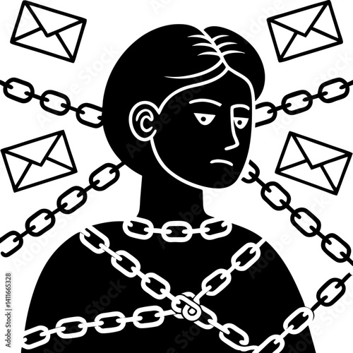 Emotional Burden Black and White Illustration of Person Bound by Chains with Envelopes