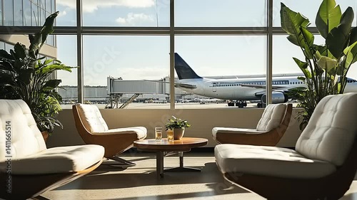 Wallpaper Mural Cozy airport lounge with modern seating, plants, and a view of an airplane at the gate, sunny day Torontodigital.ca
