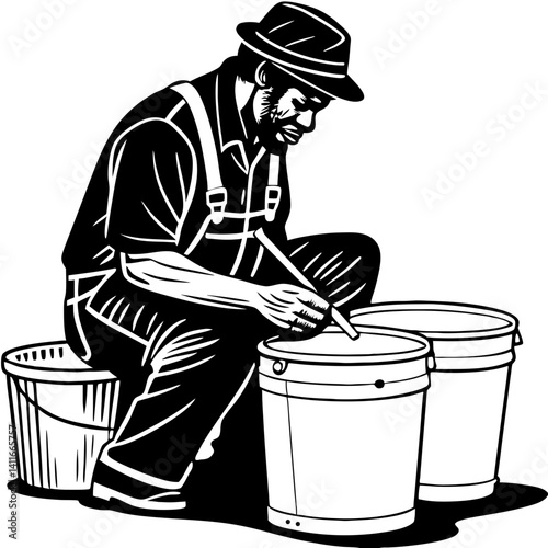 Man Painting Buckets with Paintbrush Vintage Style Illustration for Craft Projects