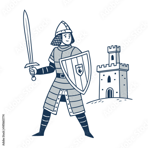 Knight with Shield and Sword Standing Near Castle Vector Illustration for Designs