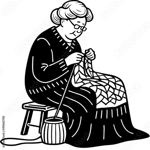 Elderly Woman Knitting Traditional Craft Cozy Handmade Blanket Design