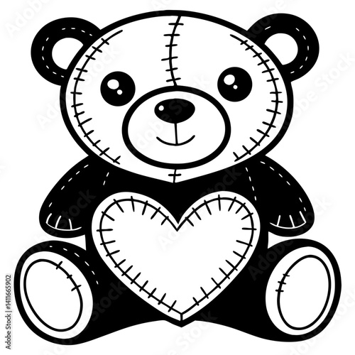Cute Teddy Bear with Heart Stitched Design Ideal for Coloring Books and Craft Projects