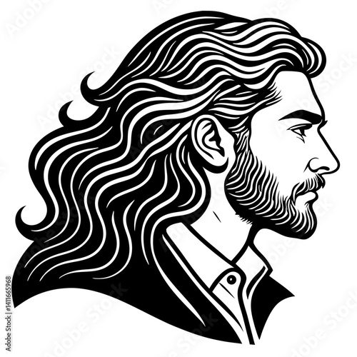 Stylized Profile Illustration of a Man with Long Wavy Hair and Beard Ideal for Tattoo Designs