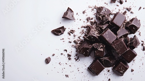 Dark Chocolate Pieces and Shavings on White Background