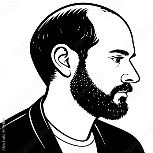 Profile Portrait of a Man with Beard in Black and White Illustration Suitable for Tattoo Design